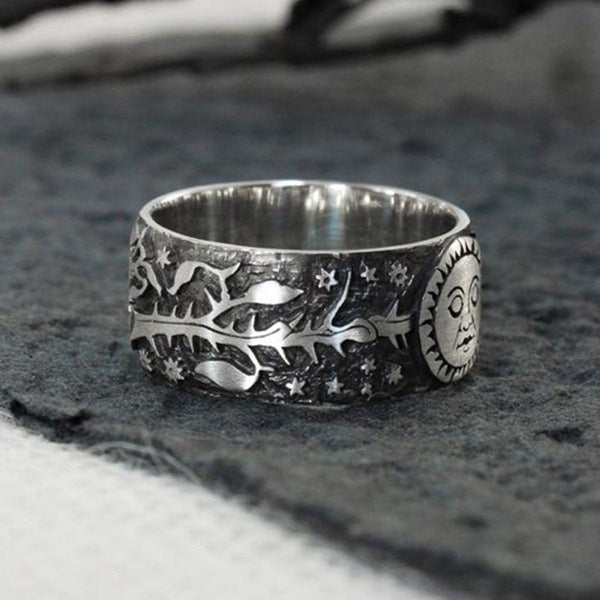 Thai Silver Flower Sun Moon Ring For Men And Women