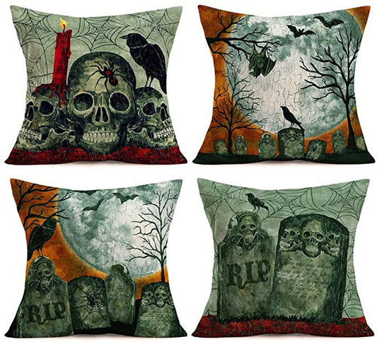 Halloween Gray-green Skull Tombstone Pillow