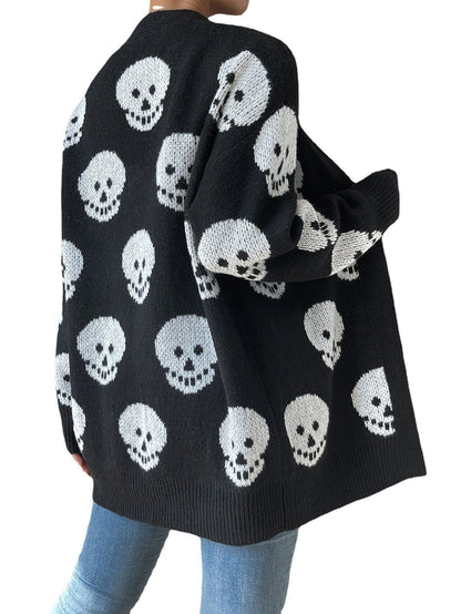 Women's Fashion Casual Halloween Skull Jacquard Knitted Long Sleeve Cardigan