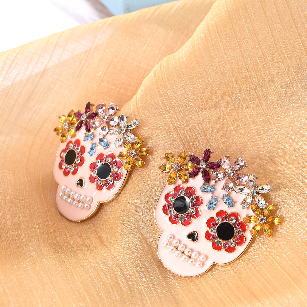 Personality Skull Head Diamond Earrings Female Halloween All-match