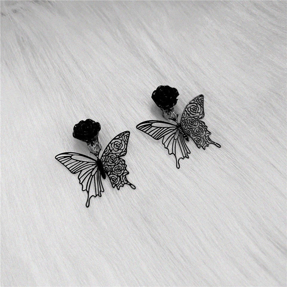 Gothic Black Rose Ear Clip Empty Pattern Butterfly