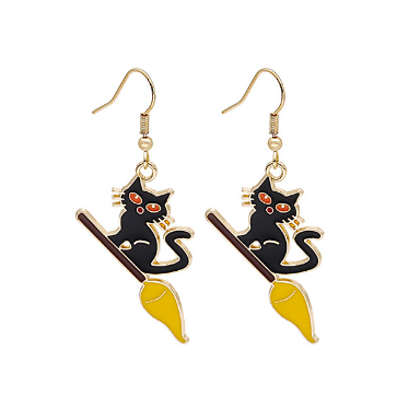 Halloween Wizard Magic Broom Black Elf Cat Pendant Earrings