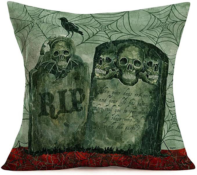 Halloween Gray-green Skull Tombstone Pillow