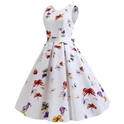 Retro Hepburn style slim waist printed dress