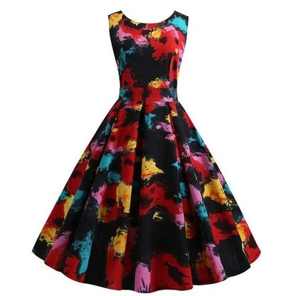 Retro Hepburn style slim waist printed dress