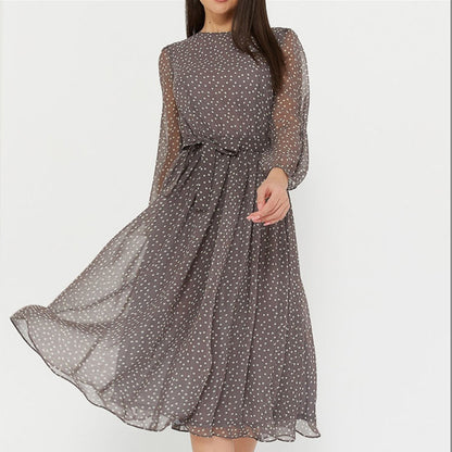 Ladies Long Sleeve Round Neck Belt Print Lace Polka Dot Dress