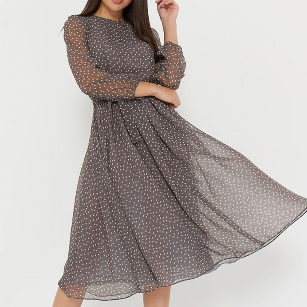 Ladies Long Sleeve Round Neck Belt Print Lace Polka Dot Dress