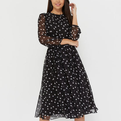 Ladies Long Sleeve Round Neck Belt Print Lace Polka Dot Dress