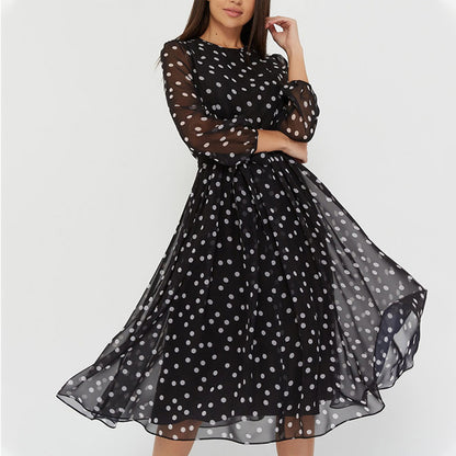 Ladies Long Sleeve Round Neck Belt Print Lace Polka Dot Dress