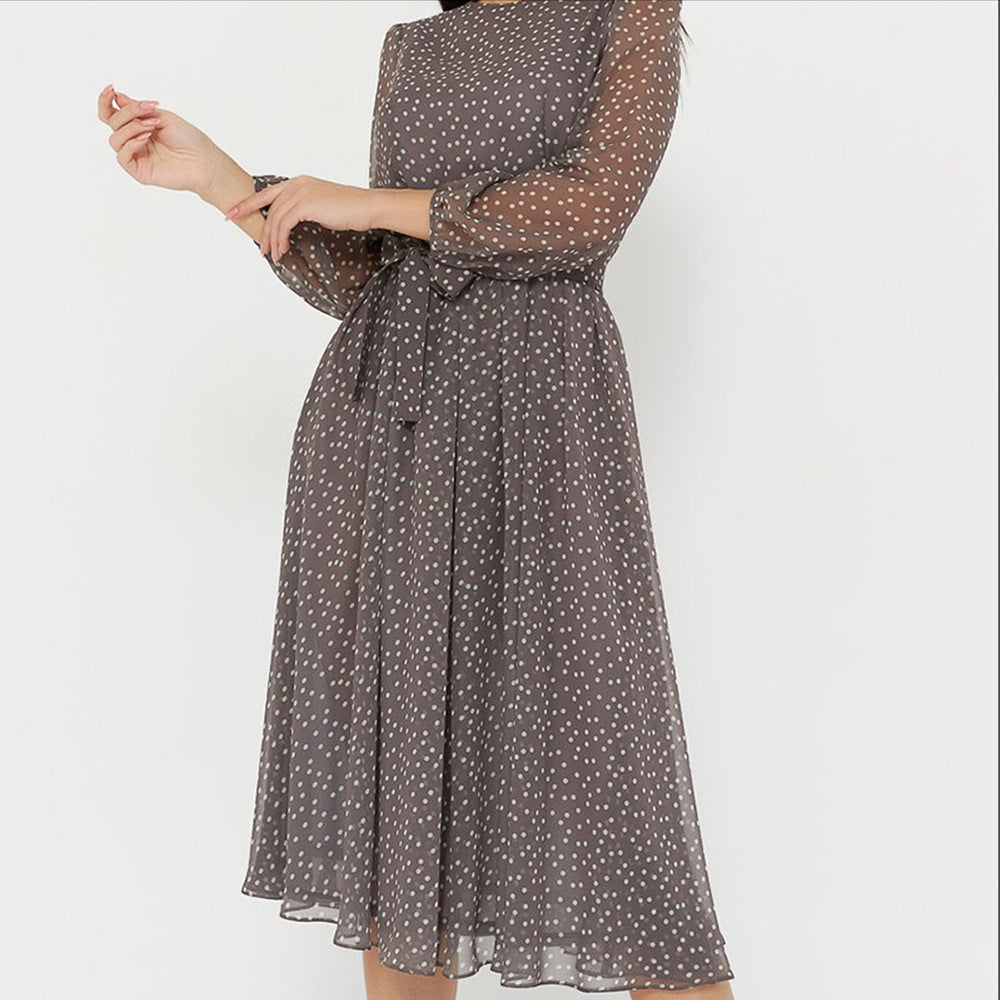 Ladies Long Sleeve Round Neck Belt Print Lace Polka Dot Dress