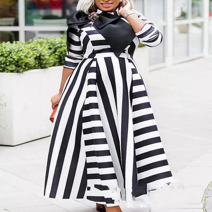 Striped Breast Wrap Style Temperament Commuter Bow Maxi Dress