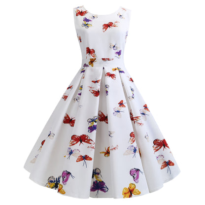 Retro Hepburn style slim waist printed dress