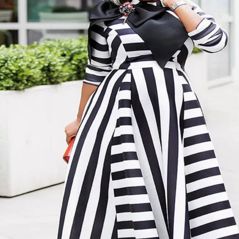 Striped Breast Wrap Style Temperament Commuter Bow Maxi Dress