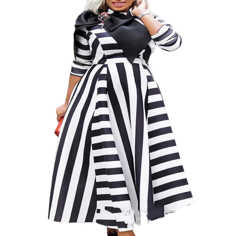 Striped Breast Wrap Style Temperament Commuter Bow Maxi Dress