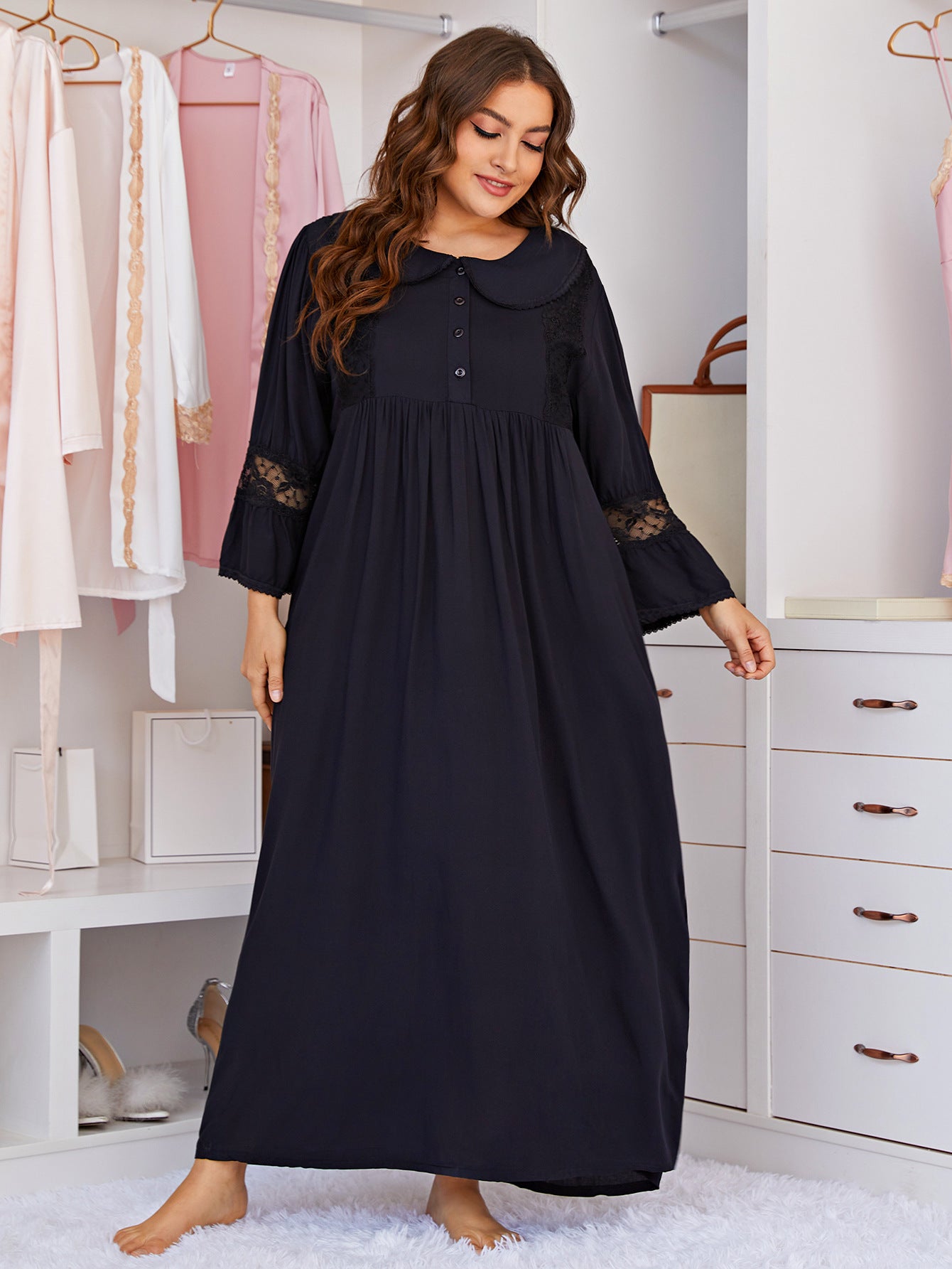 Collar Lace Home Wear Fat Mm Black Summer Dress